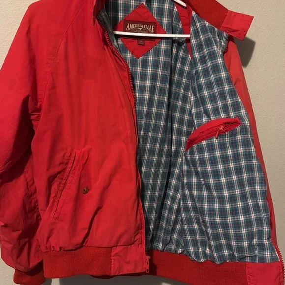 Vintage 80s American Eagle Barn Jacket Red Plaid Linging Pockets Zip FUC Flaw - Picture 5 of 16
